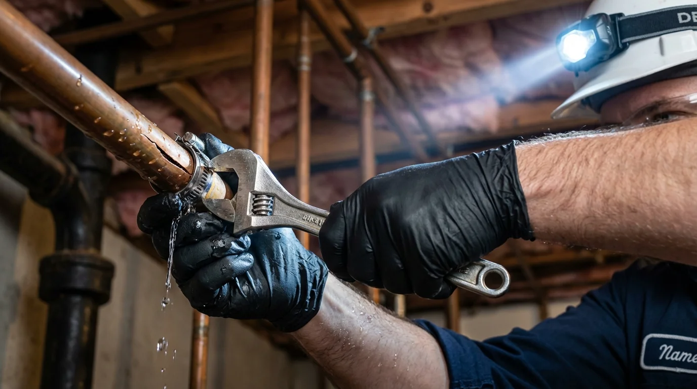 Emergency pipe clamp repair being performed by a Johns Plumbing LLC plumber in Bend